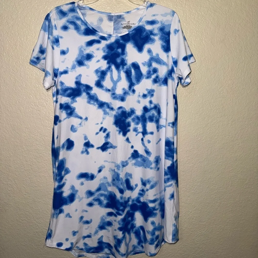 Bobbie Brooks T Shirt Dress Women’s L Blue Tie Dye Hi Low Boho Casual